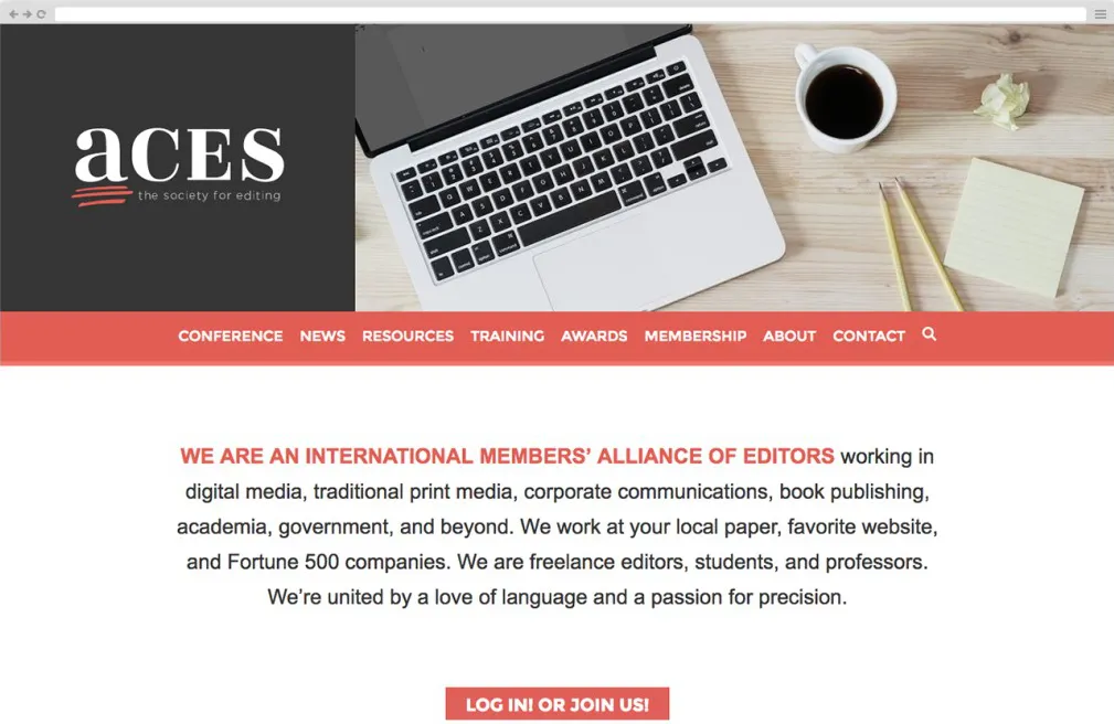 A screenshot of the ACES Editors homepage highlighting resources such as the Editors for Hire Directory, scholarship opportunities, annual conference details, and editing bootcamps for professional editors.