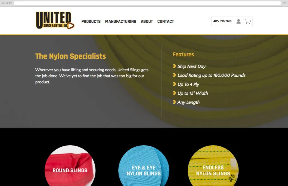 Featured image showcasing United Slings & Lifting's eCommerce platform with a clean and professional design, highlighting their manufacturing products.